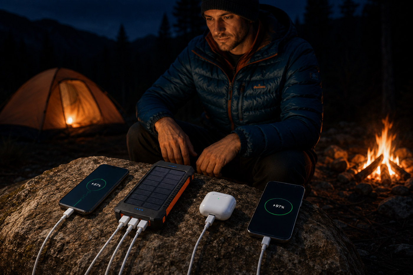 A man in a blue puffer jacket sits at dusk beside a campfire and a lit tent, using a portable solar power station to charge two smartphones and a white wireless charger placed on a rock in the foreground.